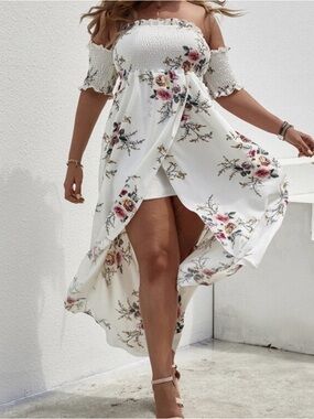 SHEIN White Off-Shoulder Floral High-Low Dress